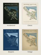 Bayonne Golf Club course map poster in four styles: Architectural, Classic, Blueprint and Vintage