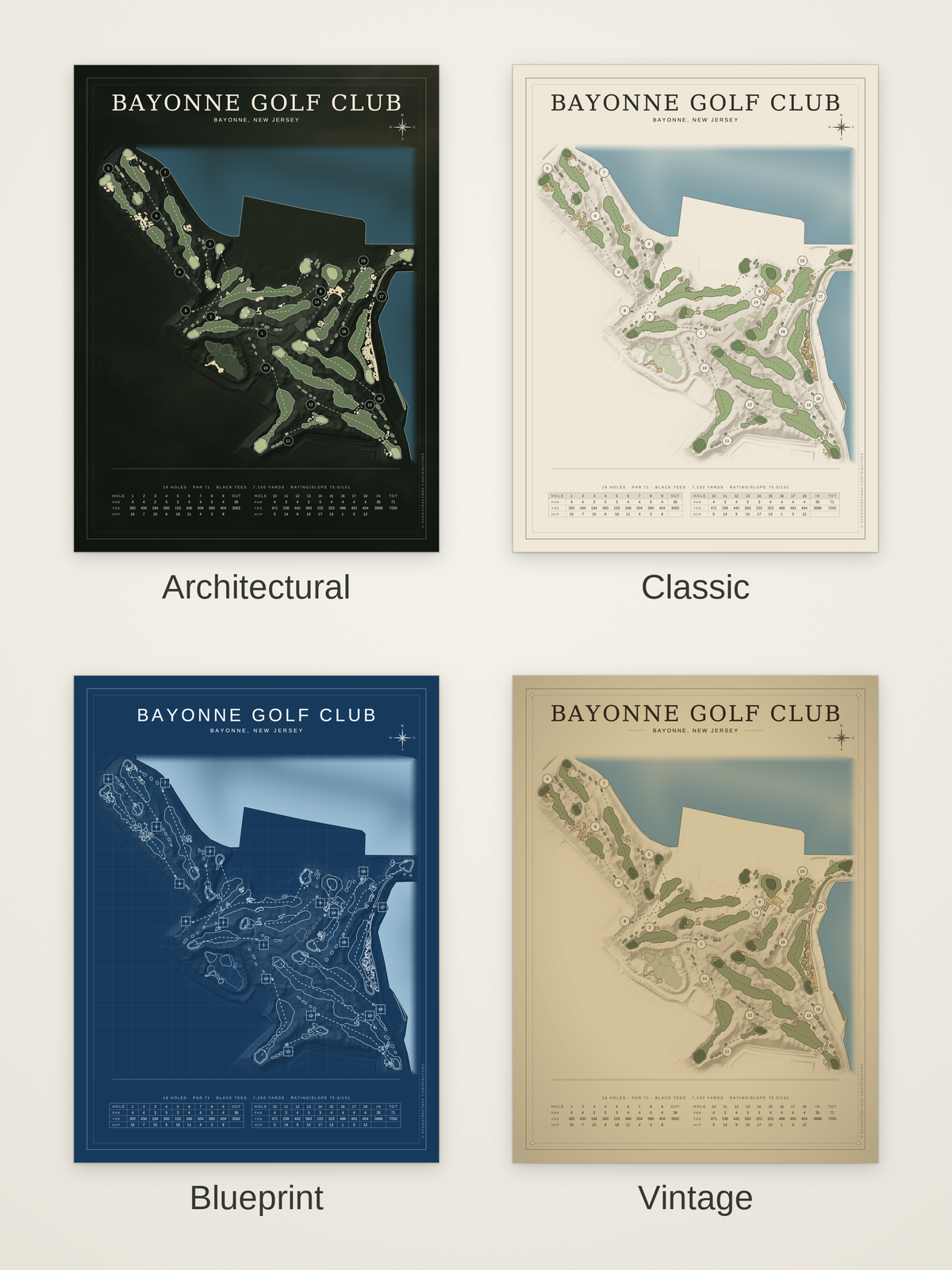 Bayonne Golf Club course map poster in four styles: Architectural, Classic, Blueprint and Vintage