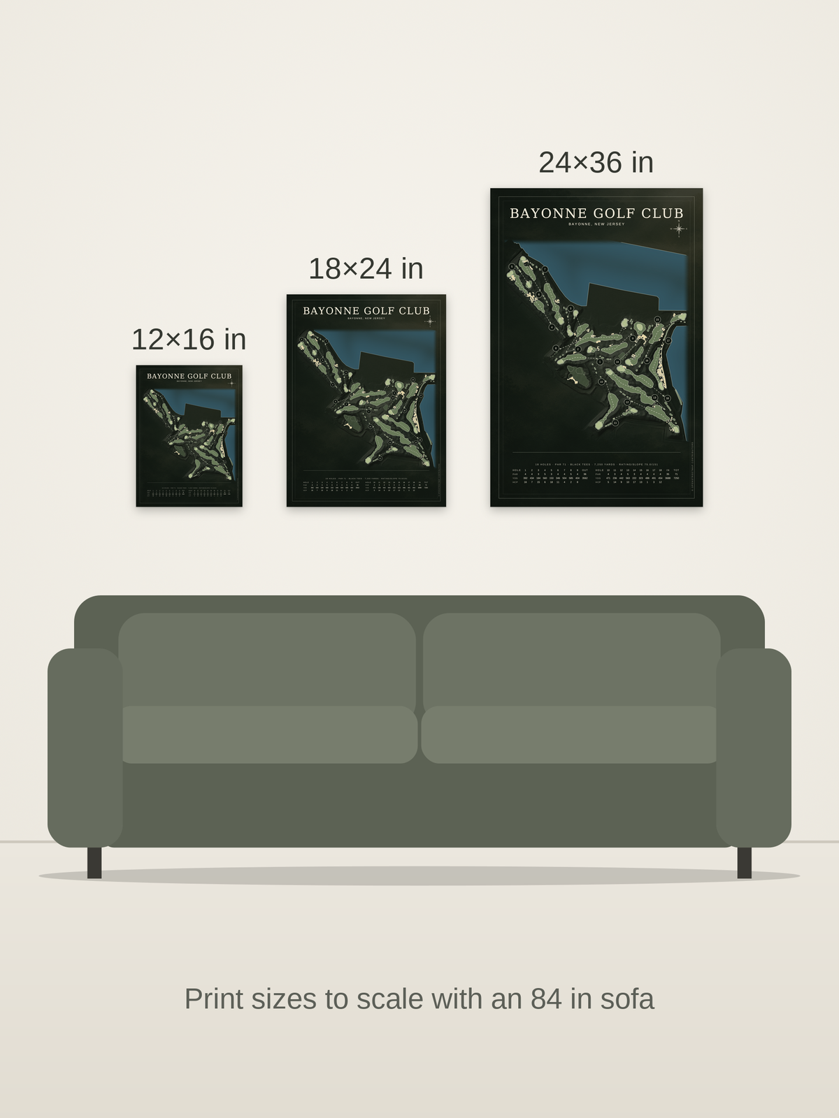 Bayonne Golf Club course map poster in the Architectural style at 12×16, 18×24 and 24×36 inches, shown to scale on a wall above an 84-inch sofa
