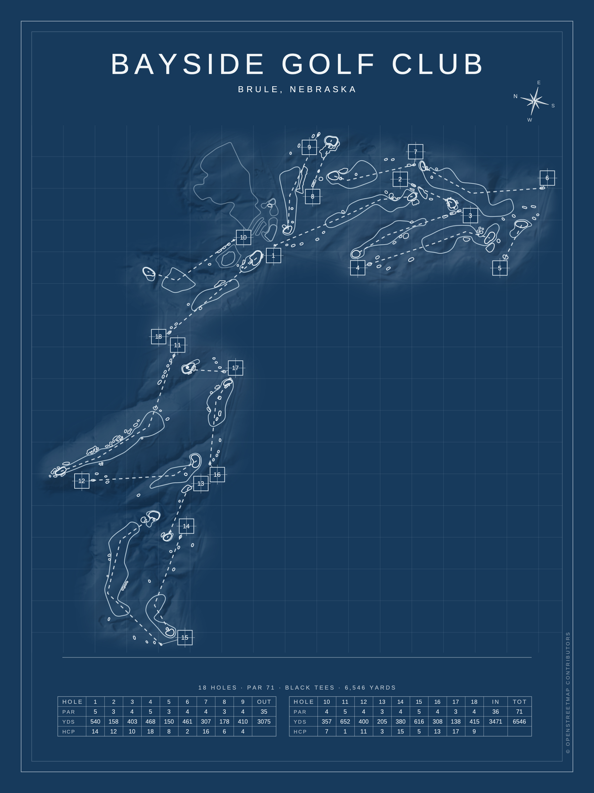 Bayside Golf Club course map poster, Blueprint style, 12×16 / 18×24