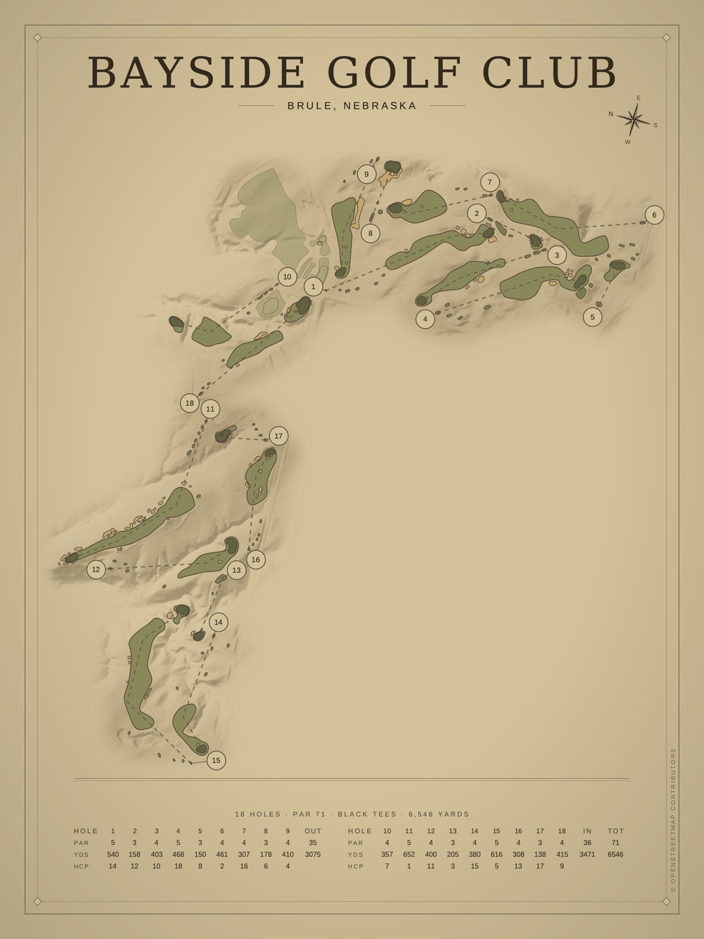 Bayside Golf Club course map poster, Vintage style, 12×16 / 18×24