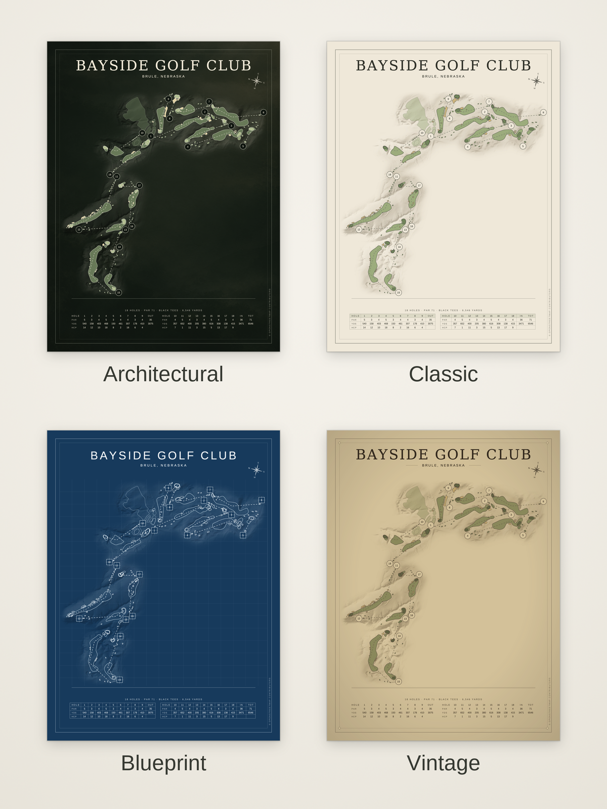 Bayside Golf Club course map poster in four styles: Architectural, Classic, Blueprint and Vintage