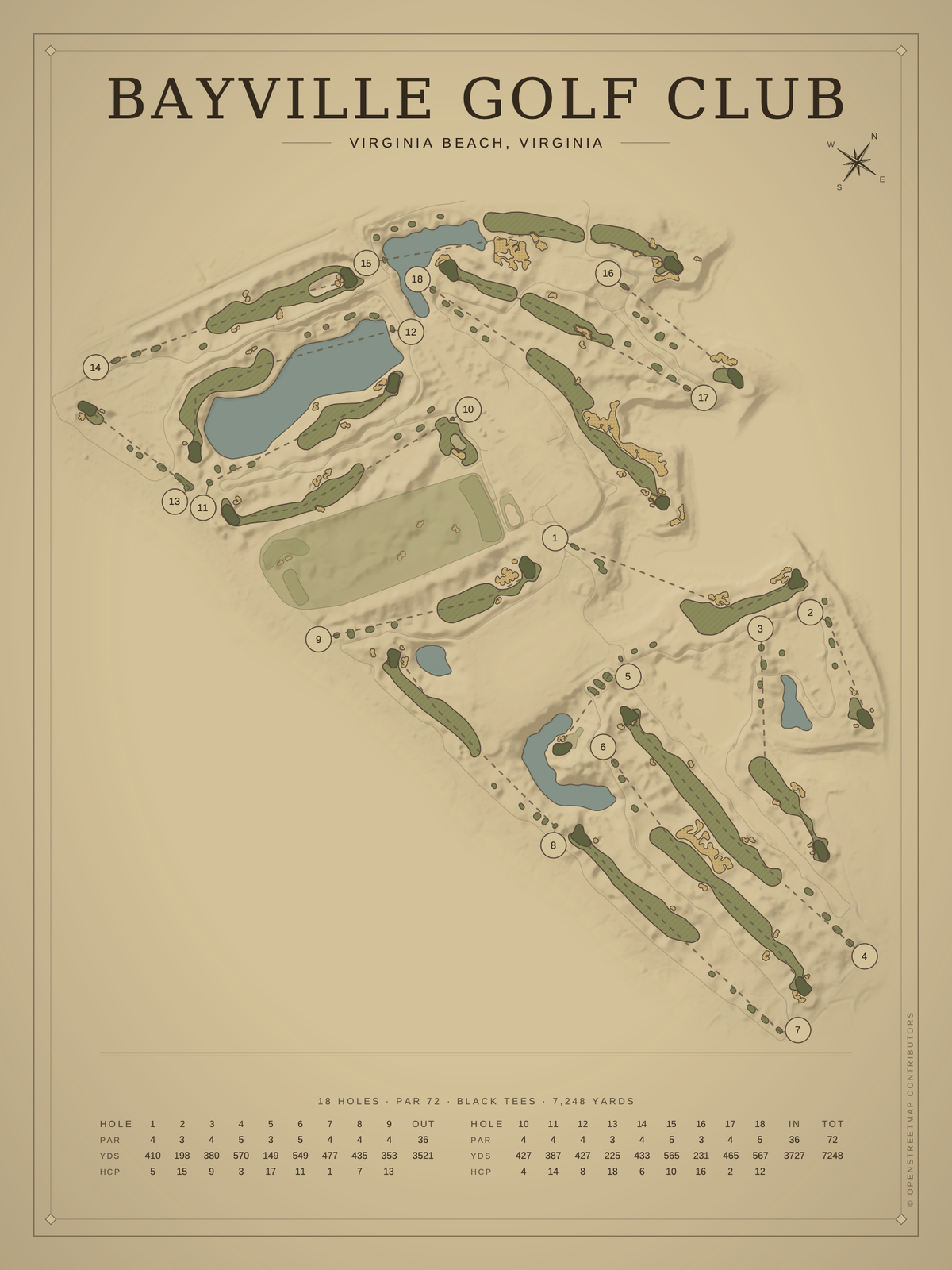 Bayville Golf Club course map poster, Vintage style, 12×16 / 18×24