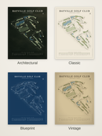 Bayville Golf Club course map poster in four styles: Architectural, Classic, Blueprint and Vintage
