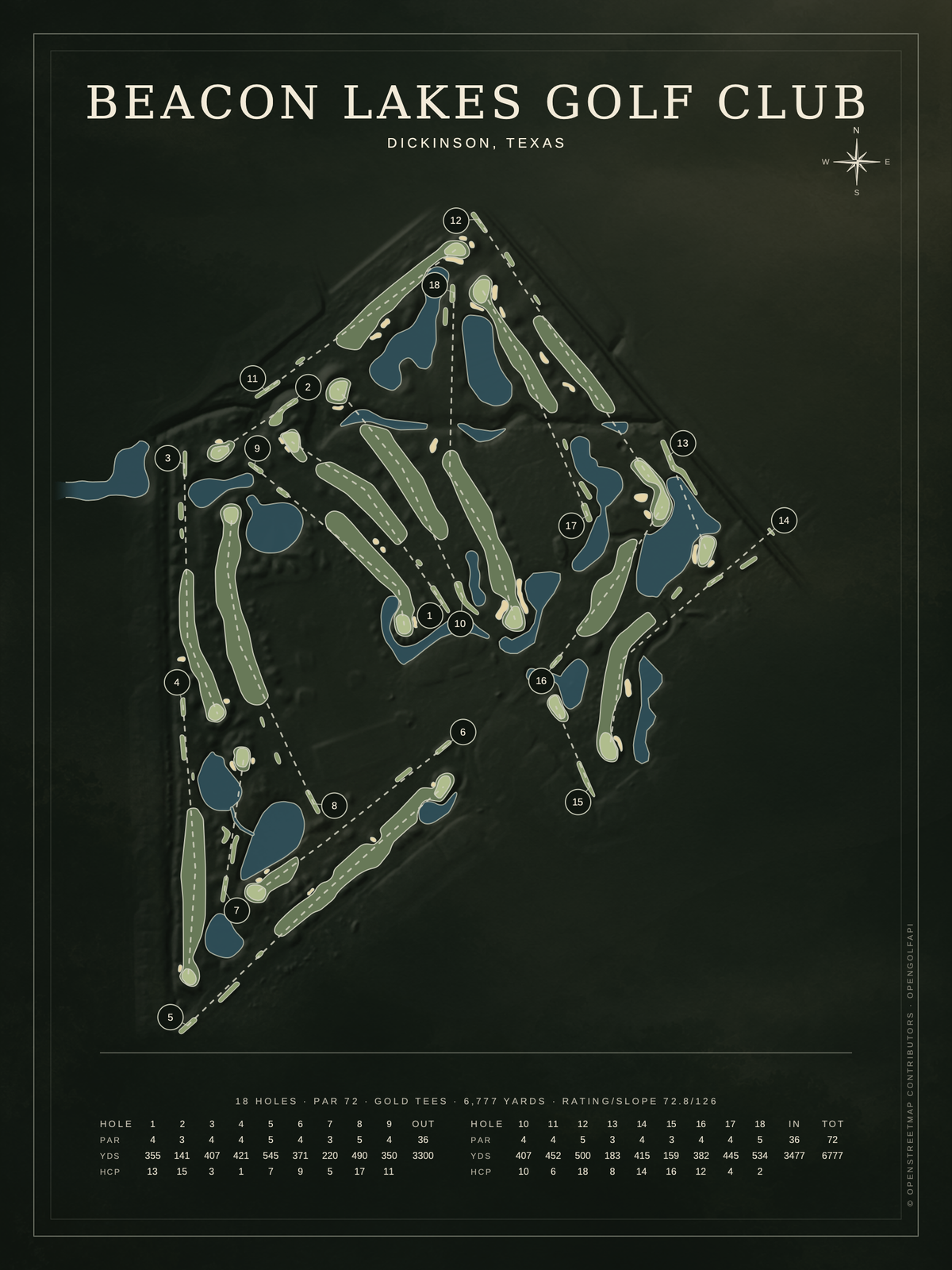 Beacon Lakes Golf Club course map poster, Architectural style, 12×16 / 18×24