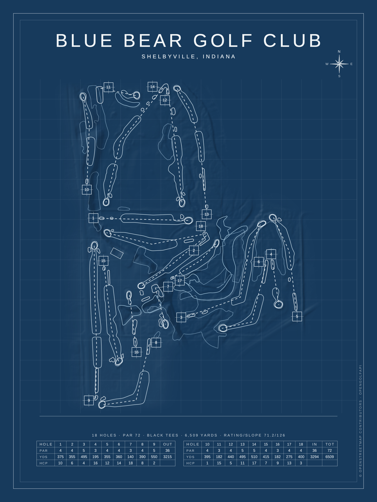 Blue Bear Golf Club course map poster, Blueprint style, 12×16 / 18×24