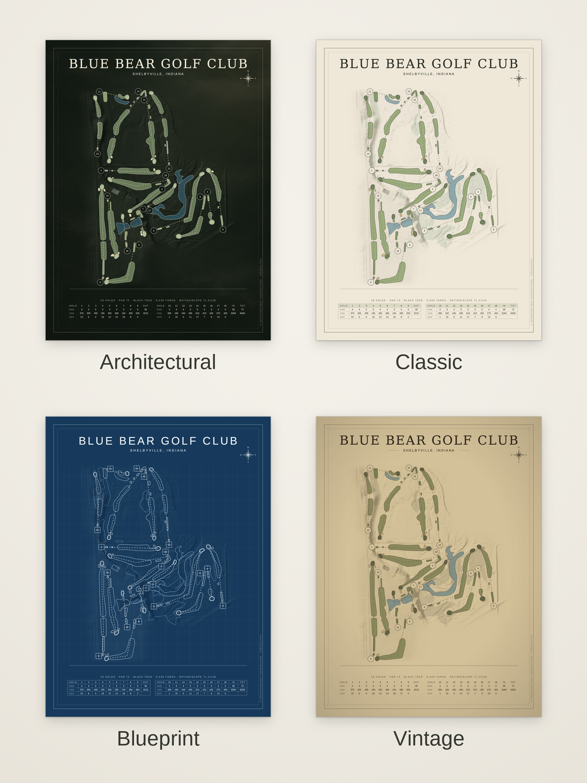 Blue Bear Golf Club course map poster in four styles: Architectural, Classic, Blueprint and Vintage
