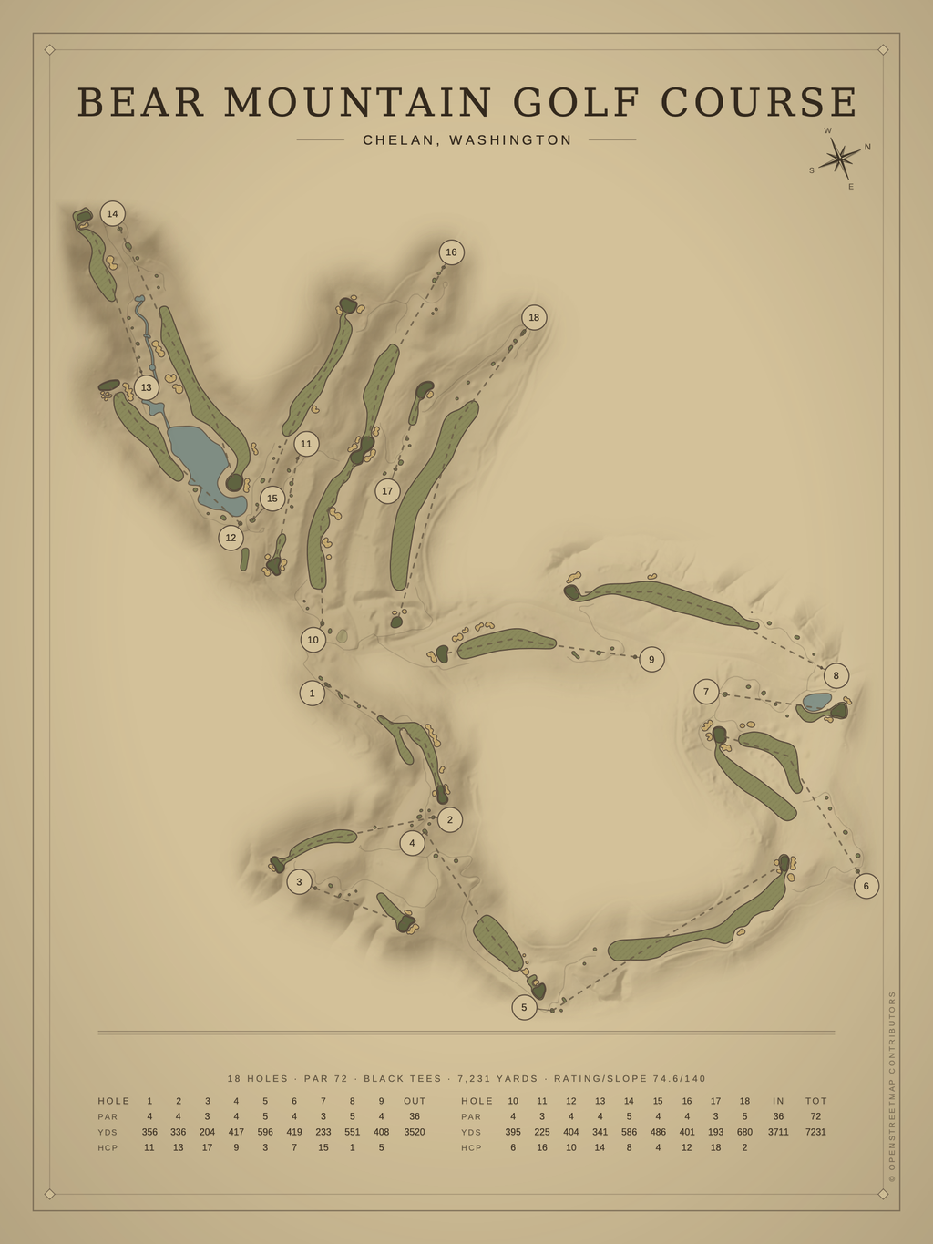 Bear Mountain Golf Course map poster, Vintage style, 12×16 / 18×24