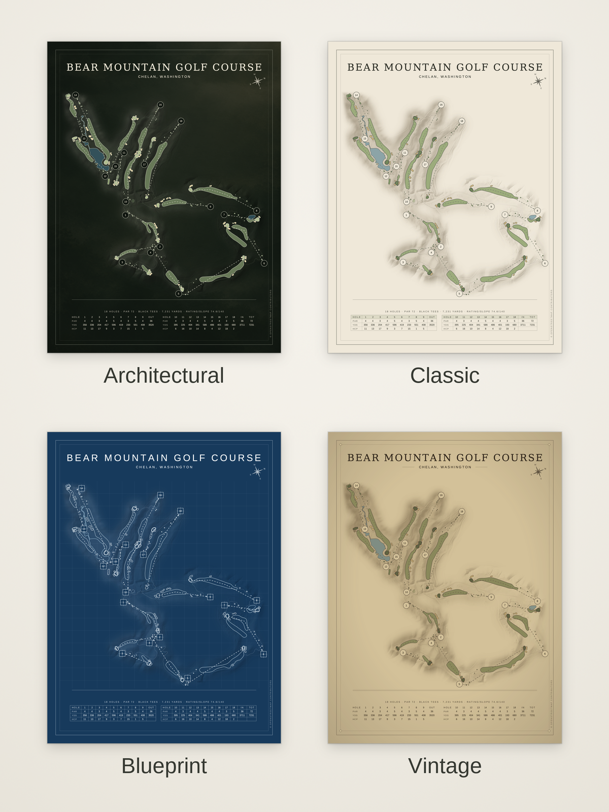 Bear Mountain Golf Course map poster in four styles: Architectural, Classic, Blueprint and Vintage