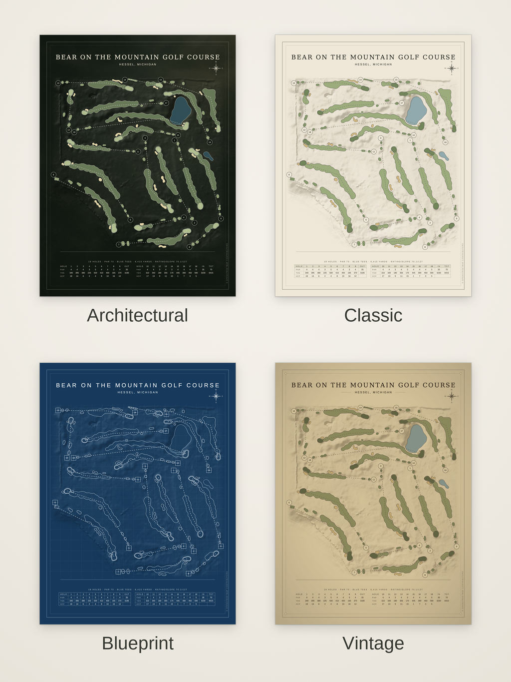 Bear on the Mountain Golf Course map poster in four styles: Architectural, Classic, Blueprint and Vintage