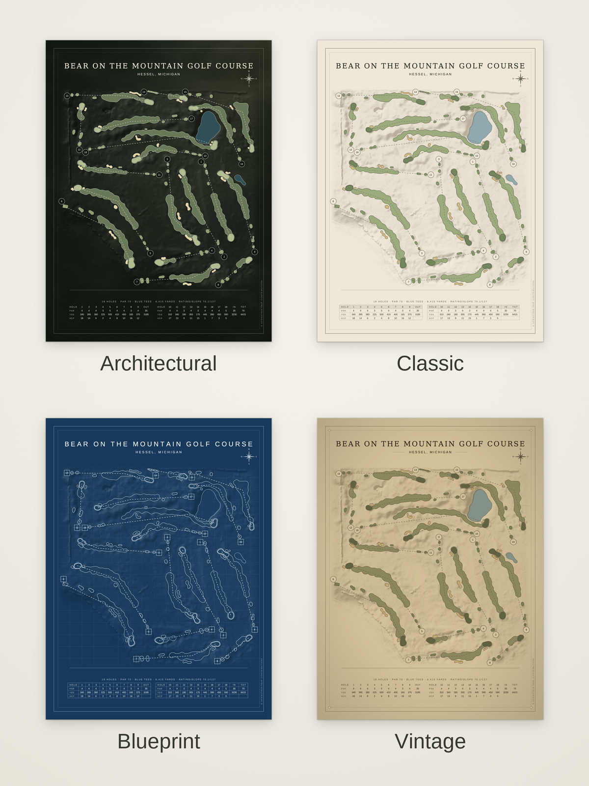 Bear on the Mountain Golf Course map poster in four styles: Architectural, Classic, Blueprint and Vintage