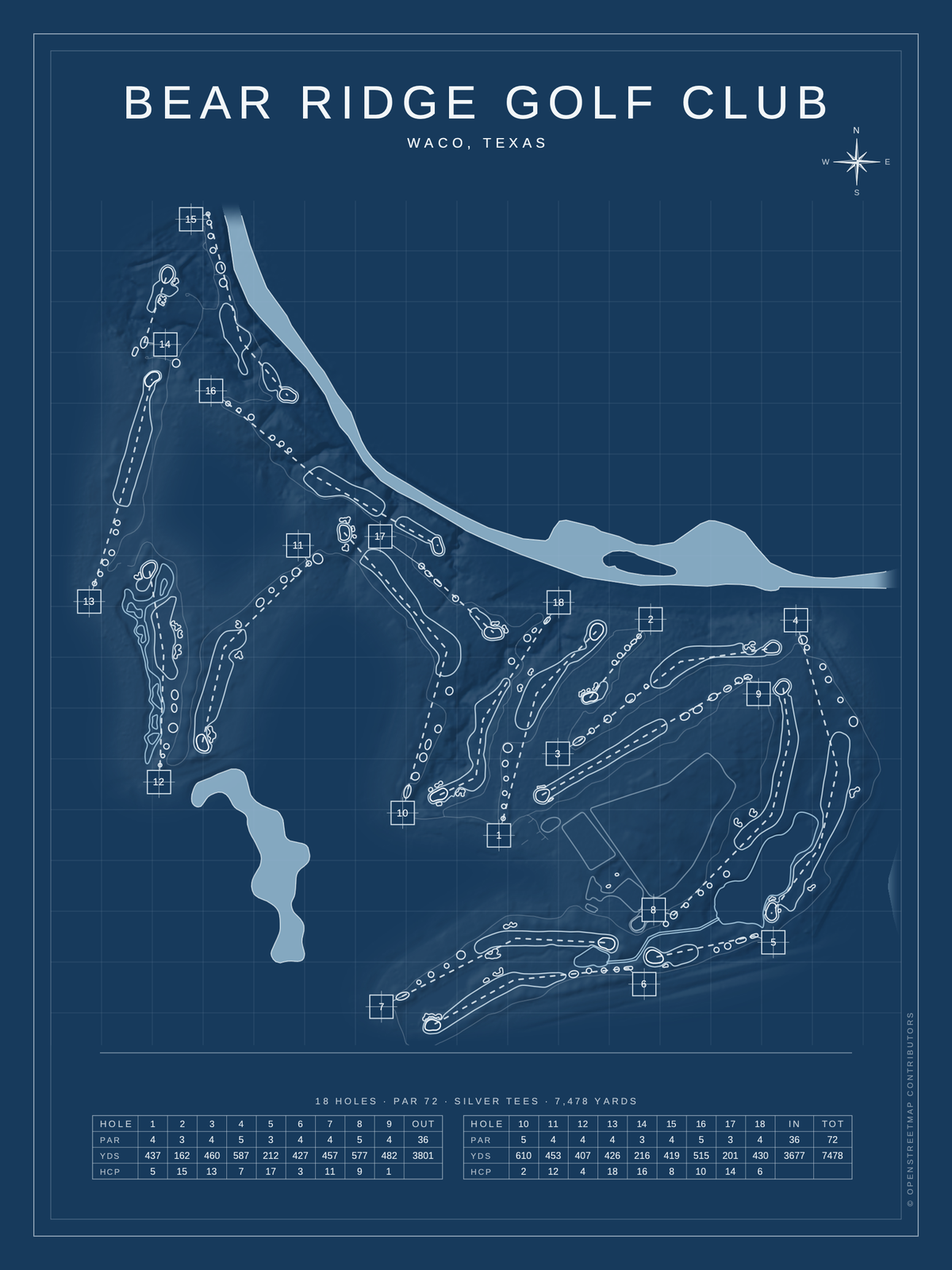 Bear Ridge Golf Club course map poster, Blueprint style, 12×16 / 18×24