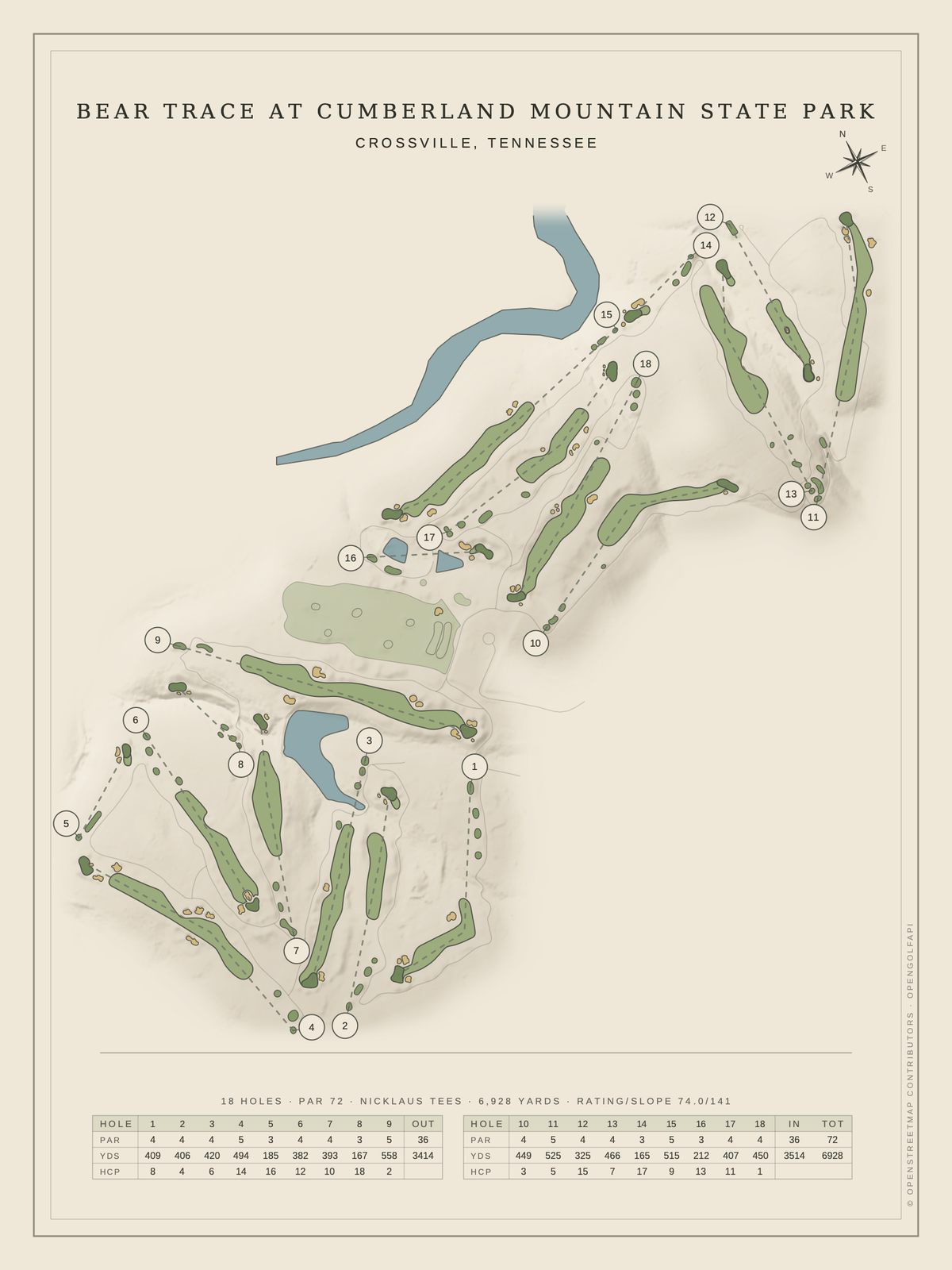 Bear Trace at Cumberland Mountain State Park course map poster, Classic style, 12×16 / 18×24