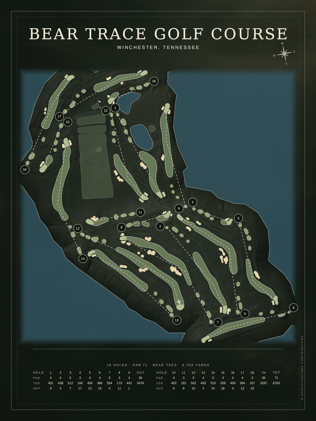 Bear Trace Golf Course map poster, Architectural style, 12×16 / 18×24