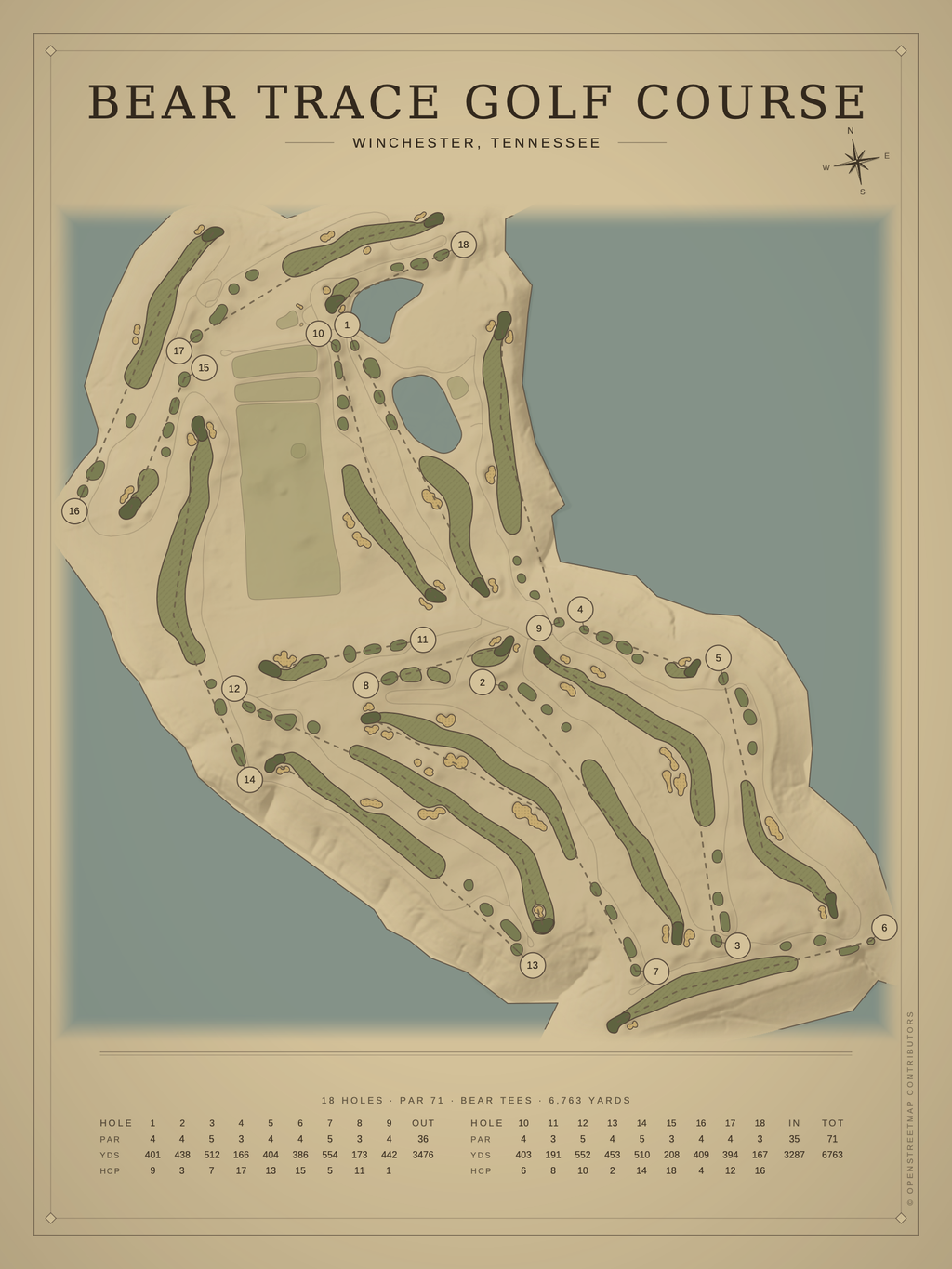 Bear Trace Golf Course map poster, Vintage style, 12×16 / 18×24
