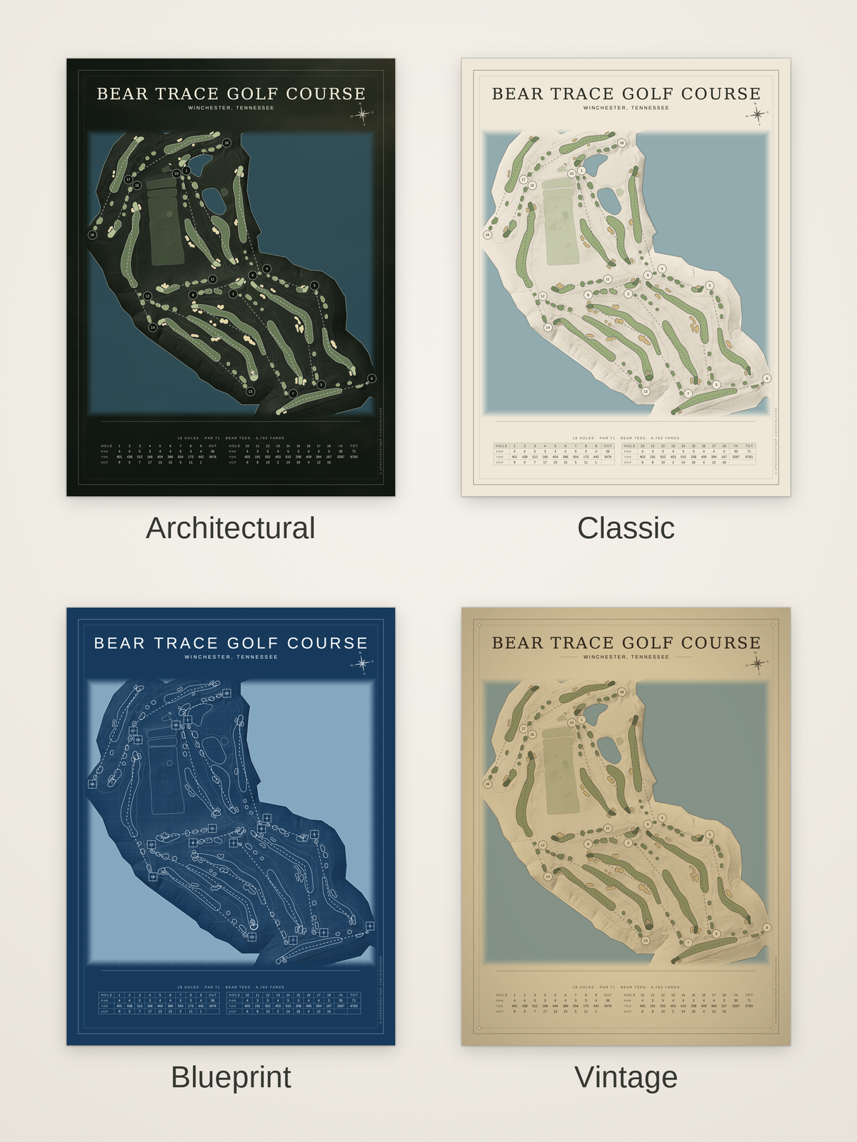 Bear Trace Golf Course map poster in four styles: Architectural, Classic, Blueprint and Vintage