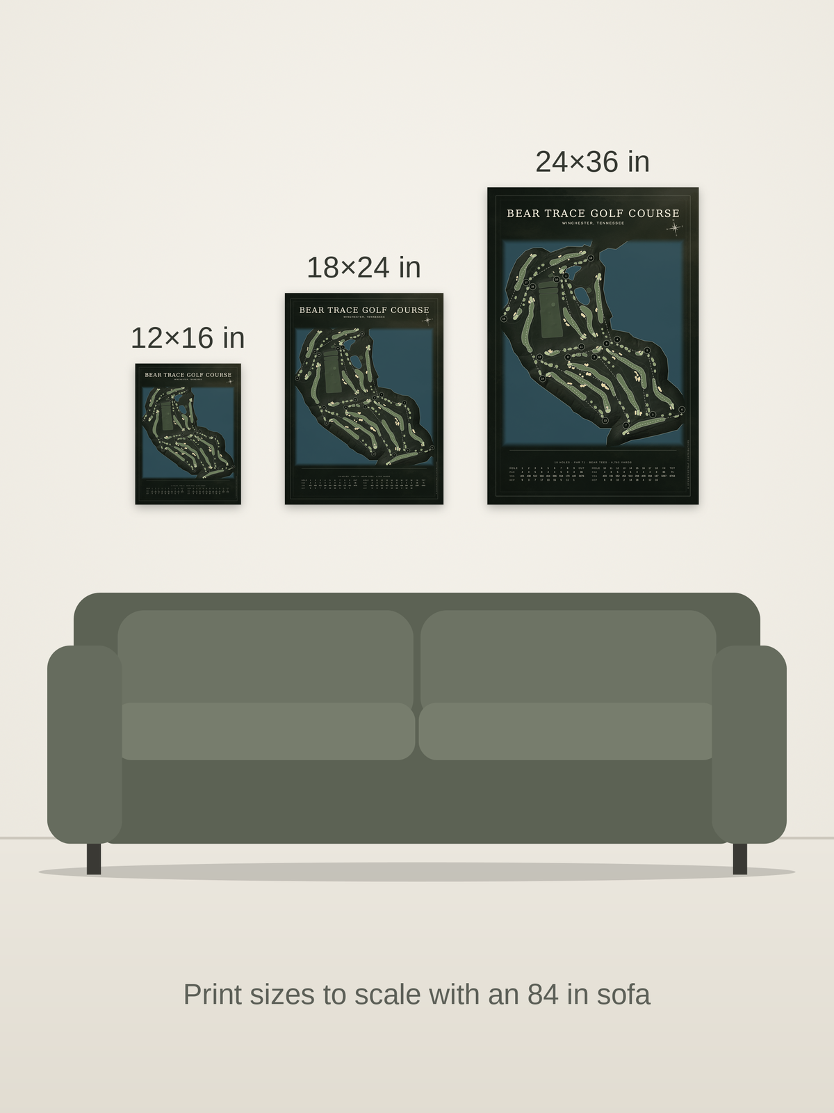 Bear Trace Golf Course map poster in the Architectural style at 12×16, 18×24 and 24×36 inches, shown to scale on a wall above an 84-inch sofa