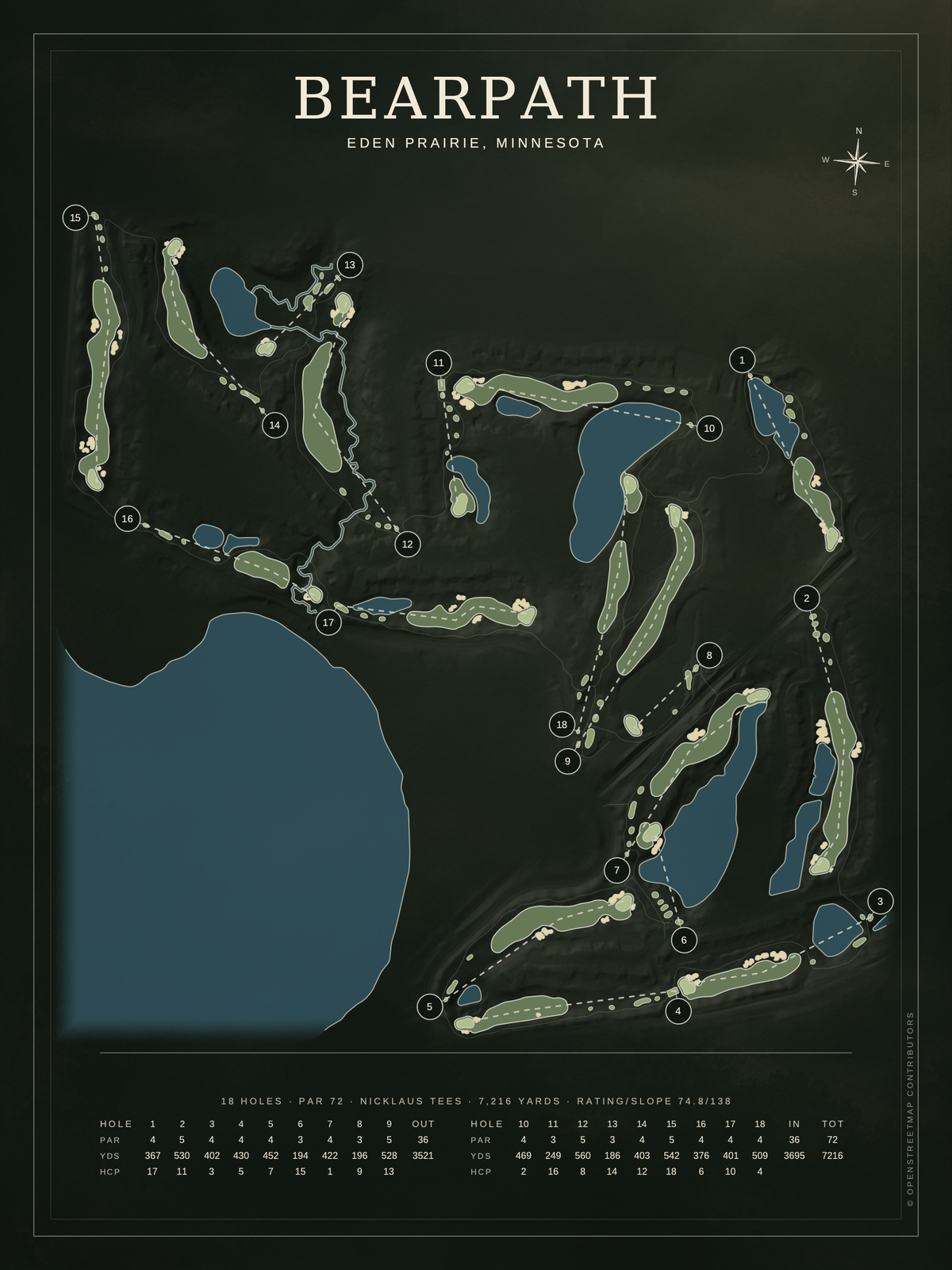 Bearpath course map poster, Architectural style, 12×16 / 18×24