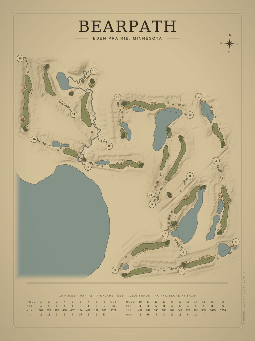 Bearpath course map poster, Vintage style, 12×16 / 18×24