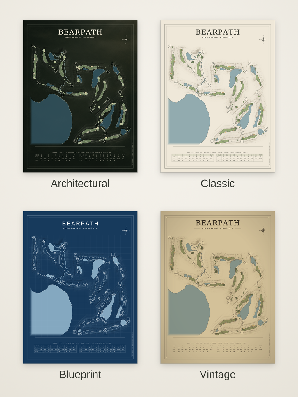 Bearpath course map poster in four styles: Architectural, Classic, Blueprint and Vintage