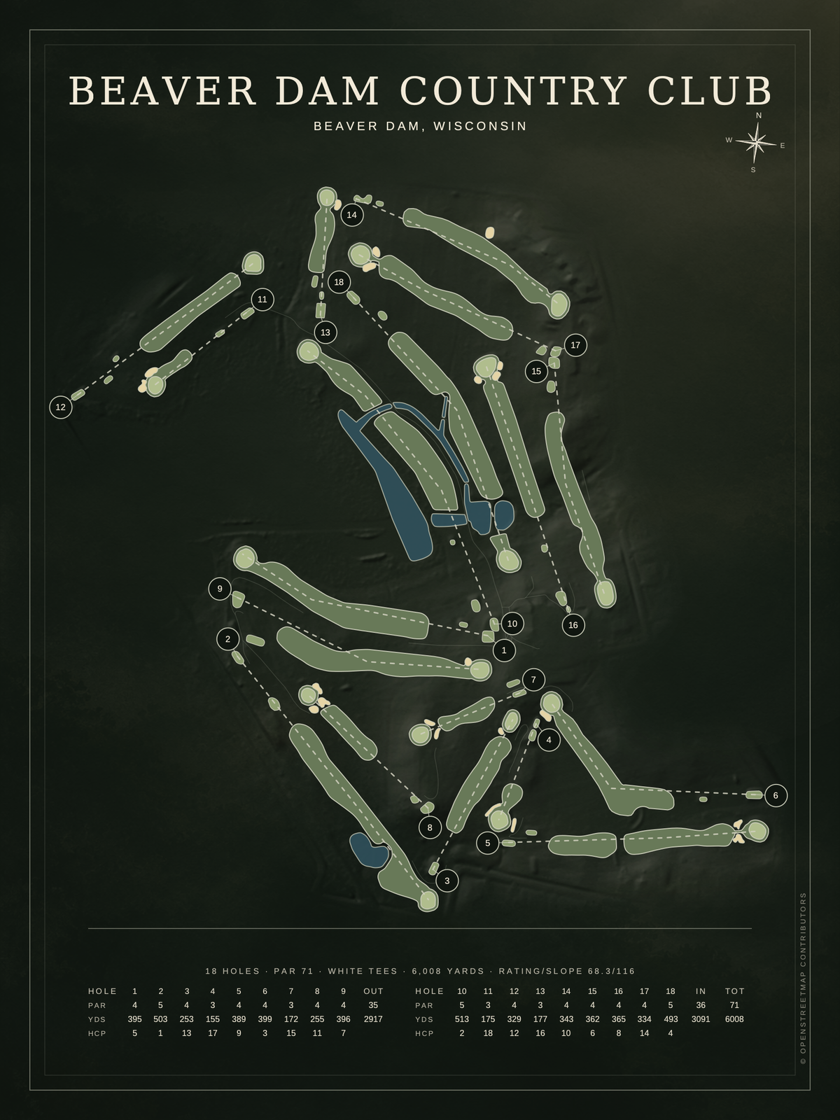 Beaver Dam Country Club course map poster, Architectural style, 12×16 / 18×24