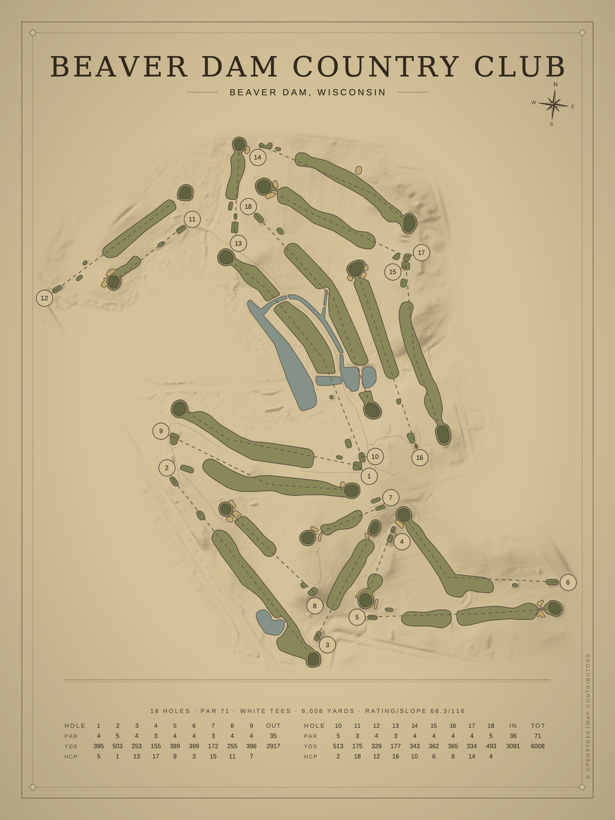 Beaver Dam Country Club course map poster, Vintage style, 12×16 / 18×24