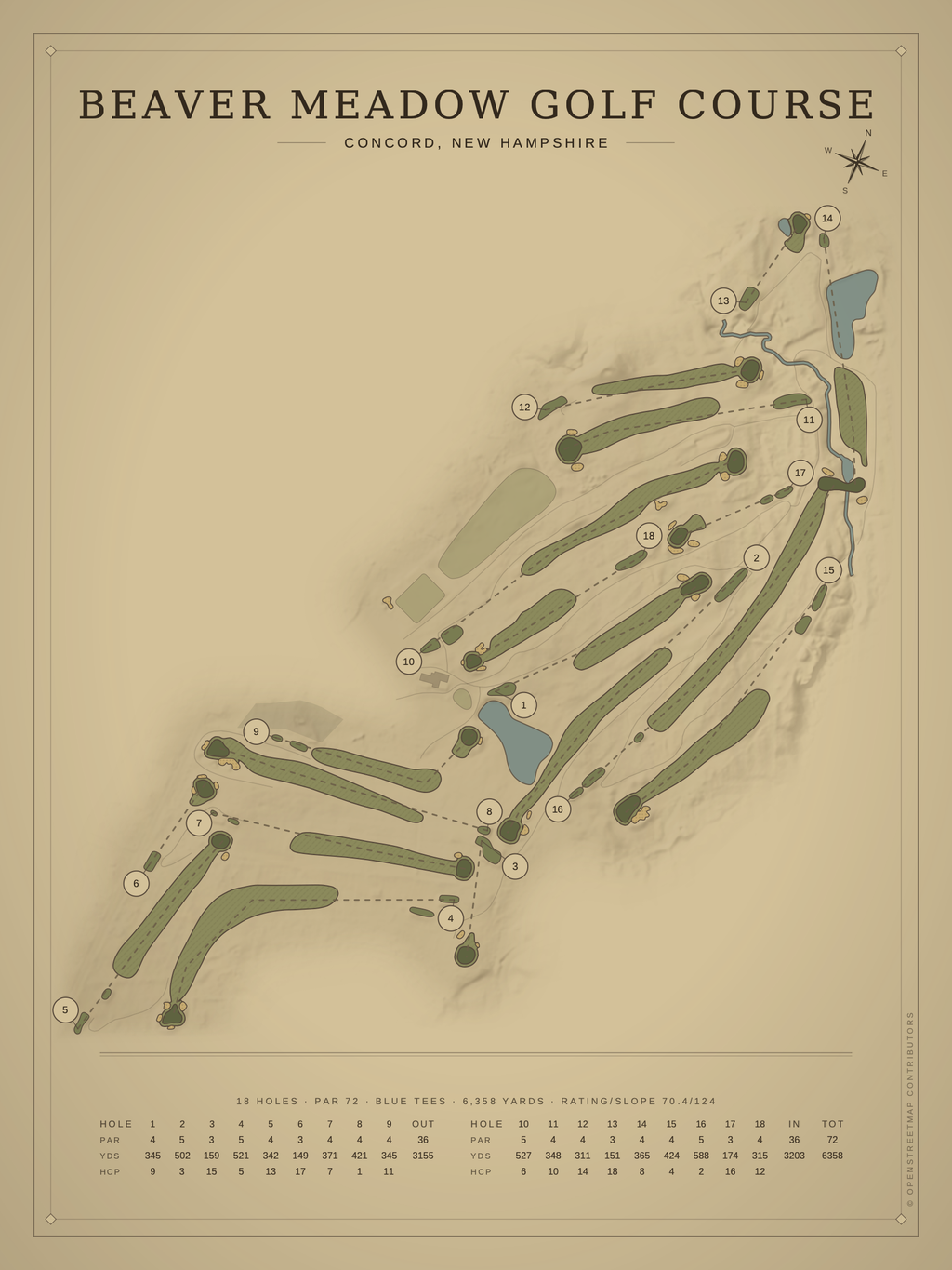 Beaver Meadow Golf Course map poster, Vintage style, 12×16 / 18×24