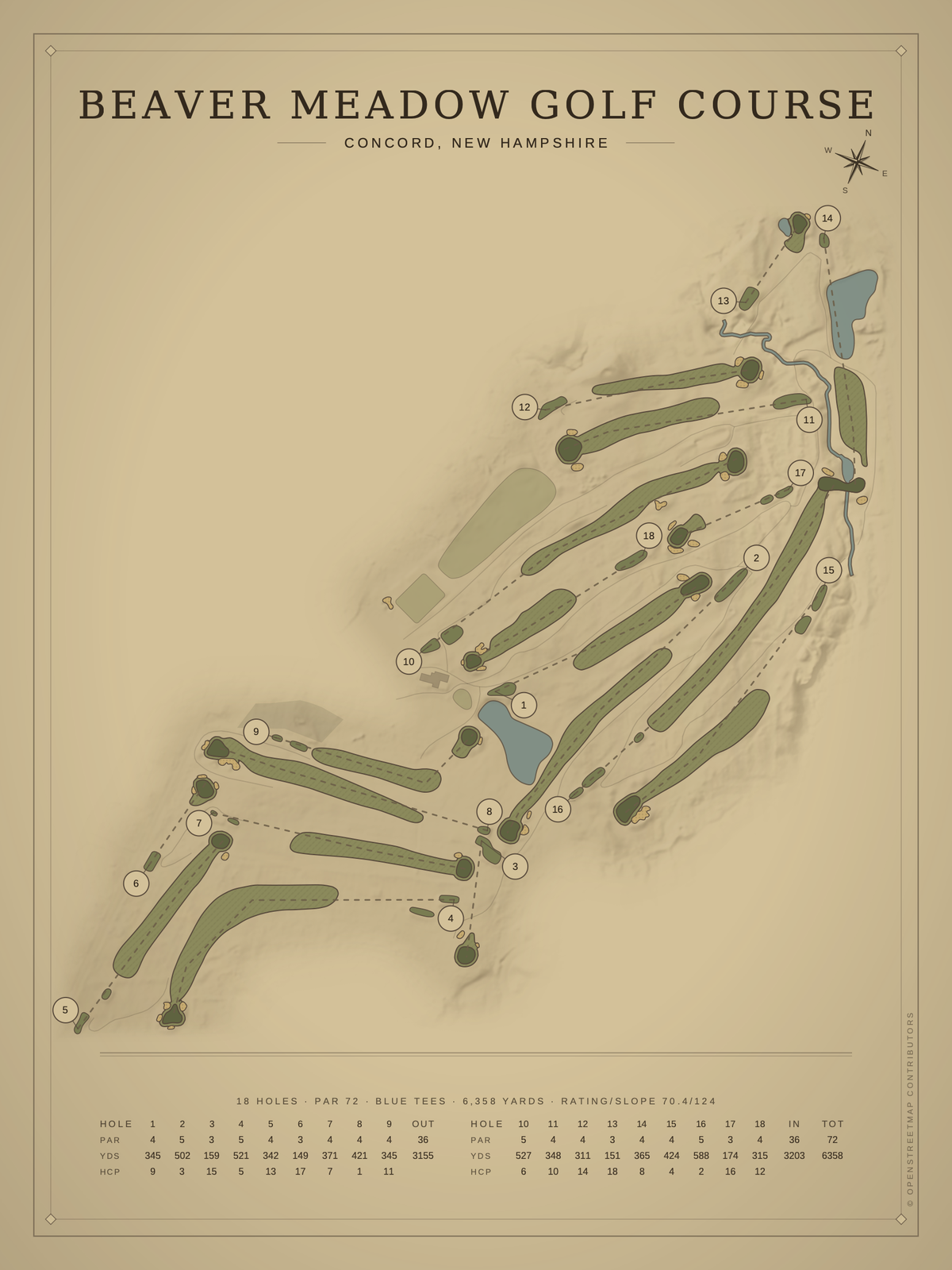 Beaver Meadow Golf Course map poster, Vintage style, 12×16 / 18×24