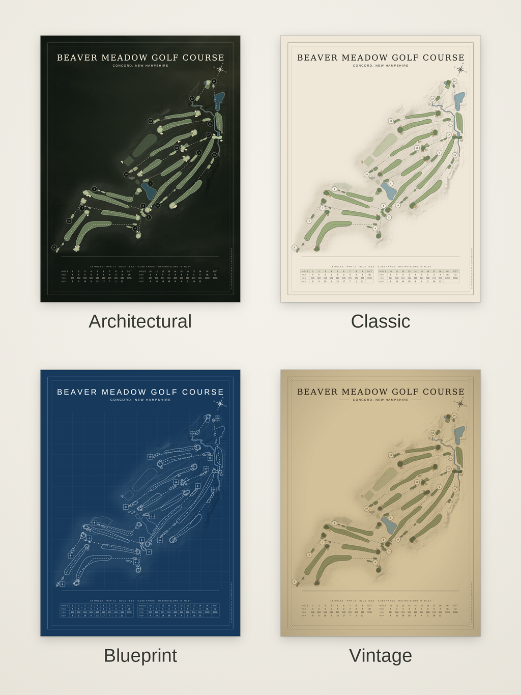 Beaver Meadow Golf Course map poster in four styles: Architectural, Classic, Blueprint and Vintage