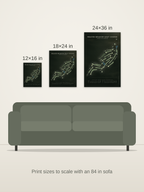 Beaver Meadow Golf Course map poster in the Architectural style at 12×16, 18×24 and 24×36 inches, shown to scale on a wall above an 84-inch sofa
