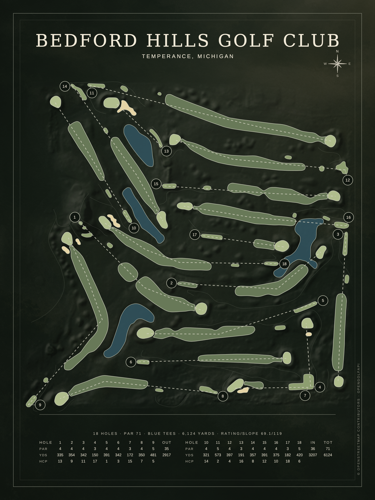 Bedford Hills Golf Club course map poster, Architectural style, 12×16 / 18×24