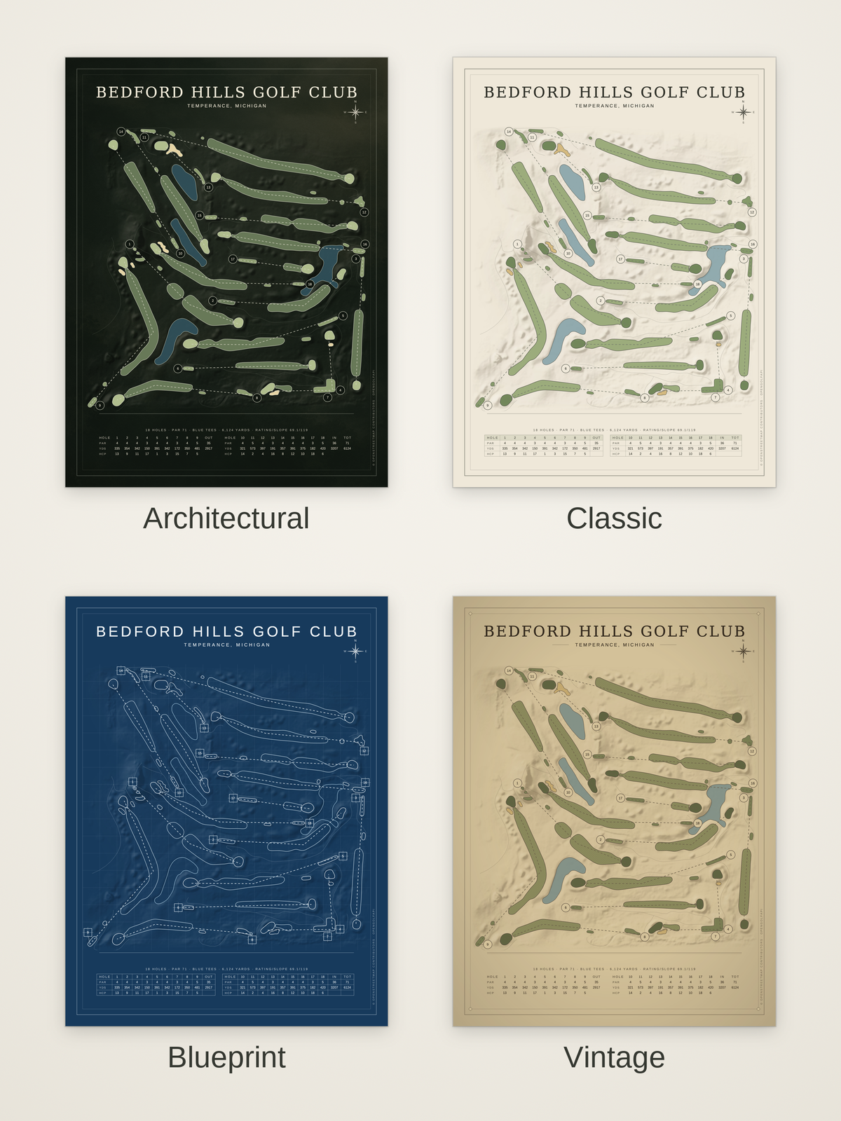 Bedford Hills Golf Club course map poster in four styles: Architectural, Classic, Blueprint and Vintage