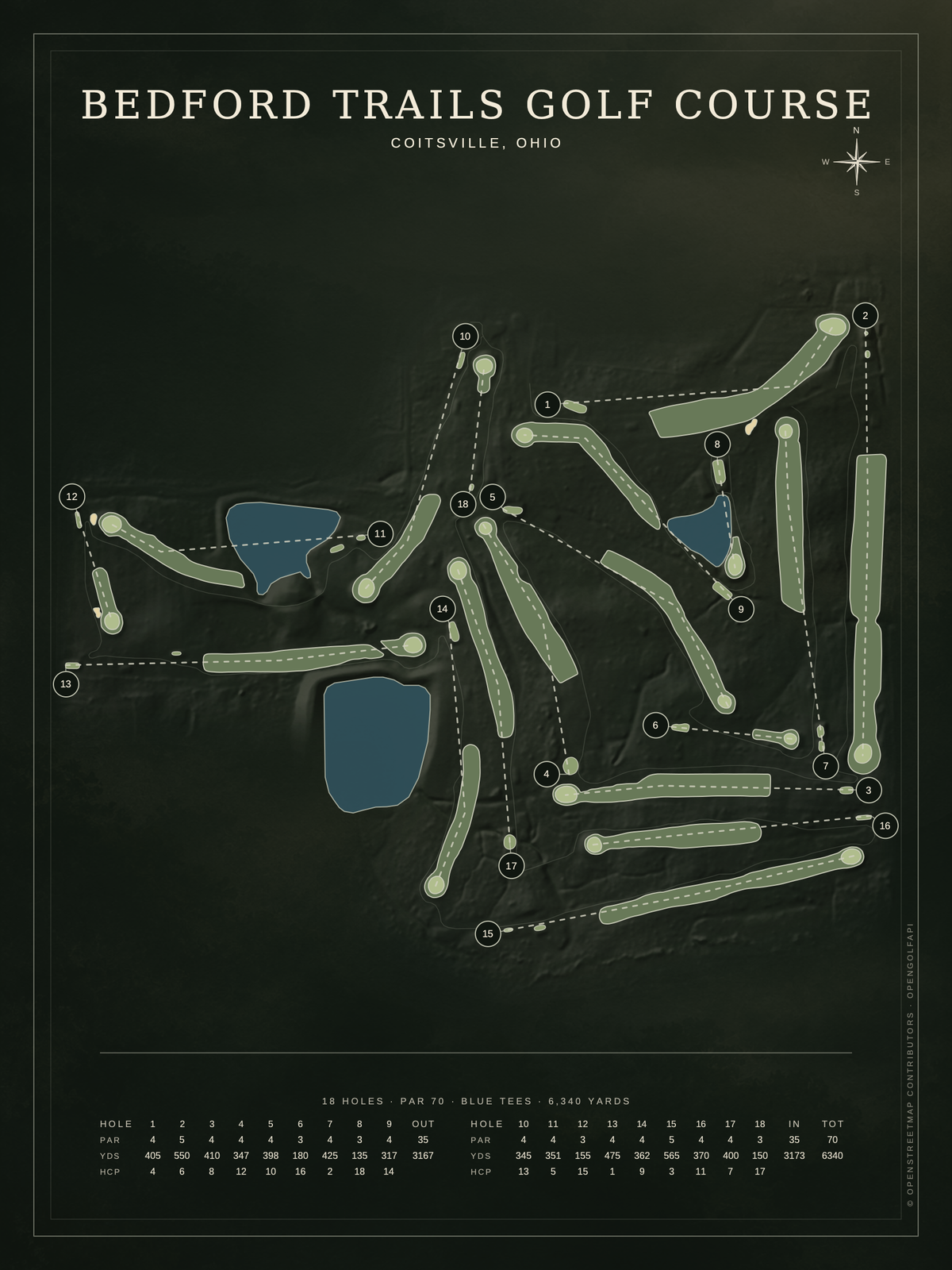 Bedford Trails Golf Course map poster, Architectural style, 12×16 / 18×24