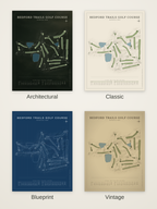 Bedford Trails Golf Course map poster in four styles: Architectural, Classic, Blueprint and Vintage