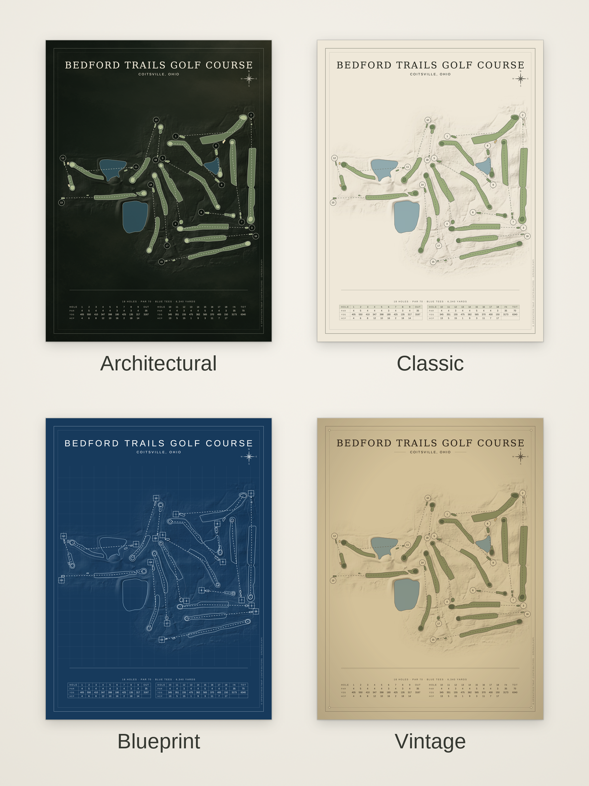 Bedford Trails Golf Course map poster in four styles: Architectural, Classic, Blueprint and Vintage