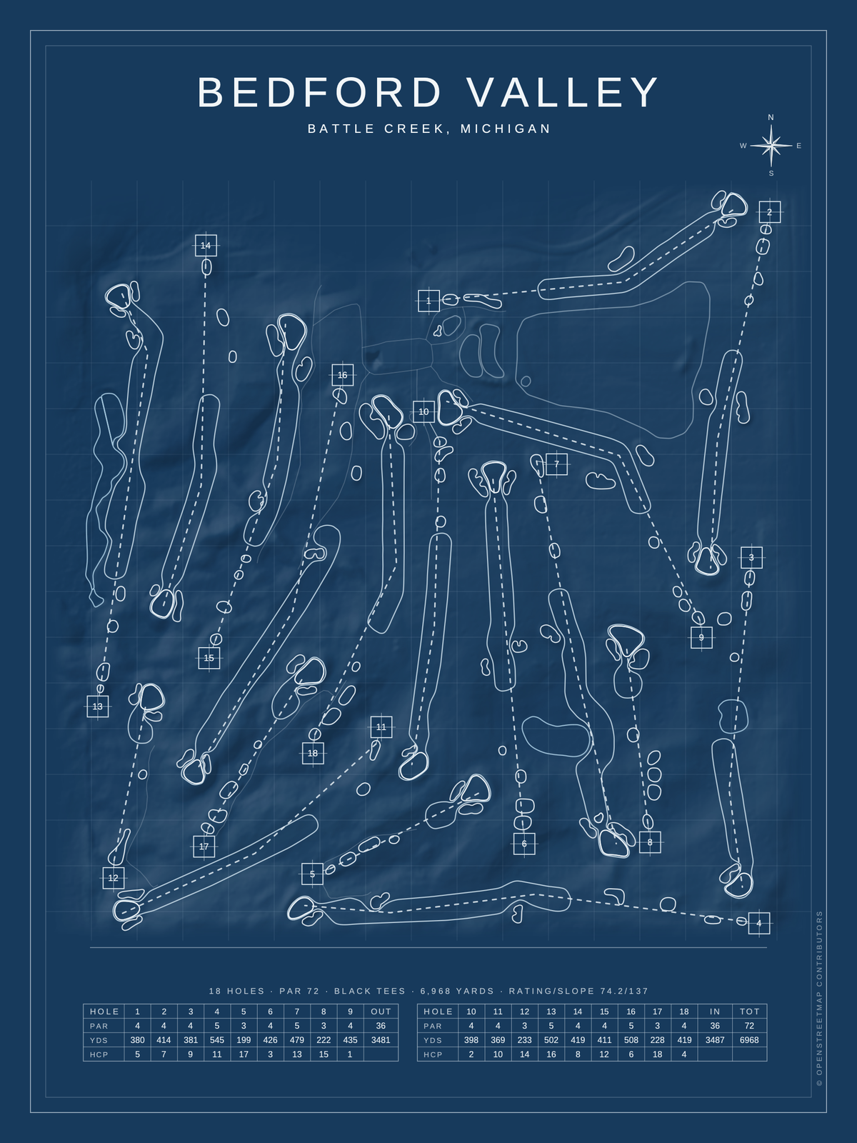 Bedford Valley course map poster, Blueprint style, 12×16 / 18×24