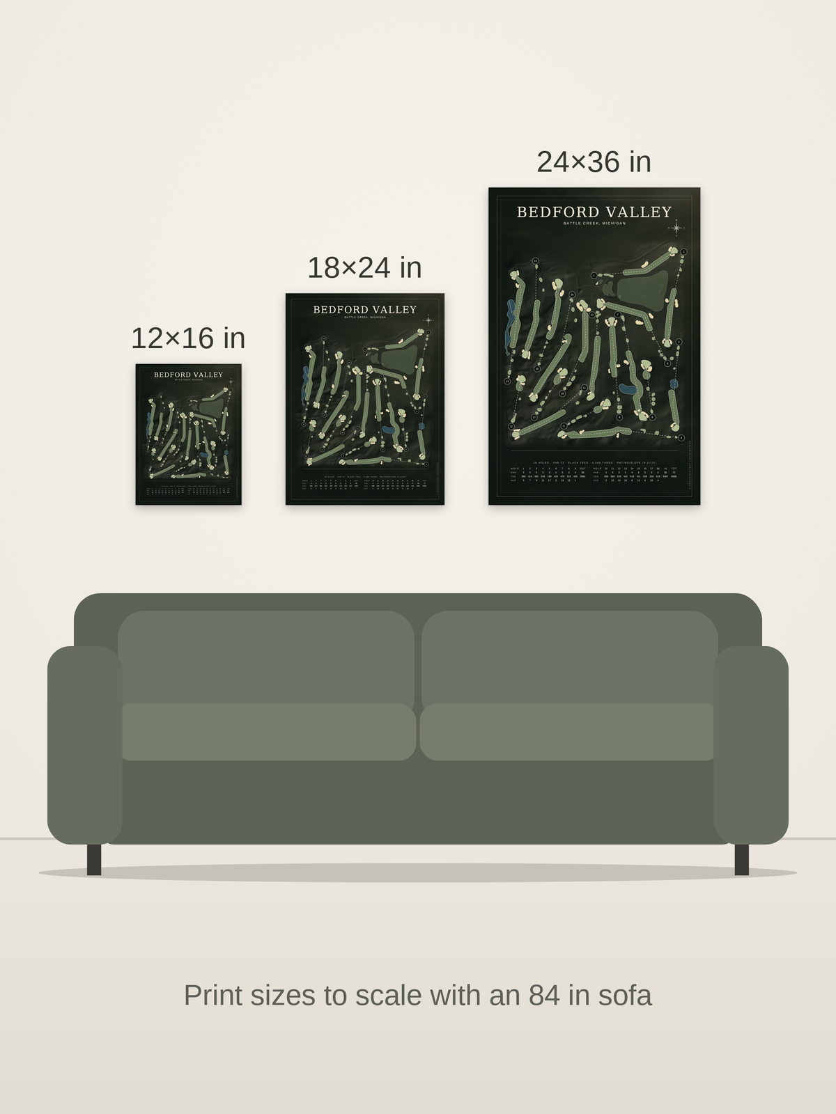 Bedford Valley course map poster in the Architectural style at 12×16, 18×24 and 24×36 inches, shown to scale on a wall above an 84-inch sofa