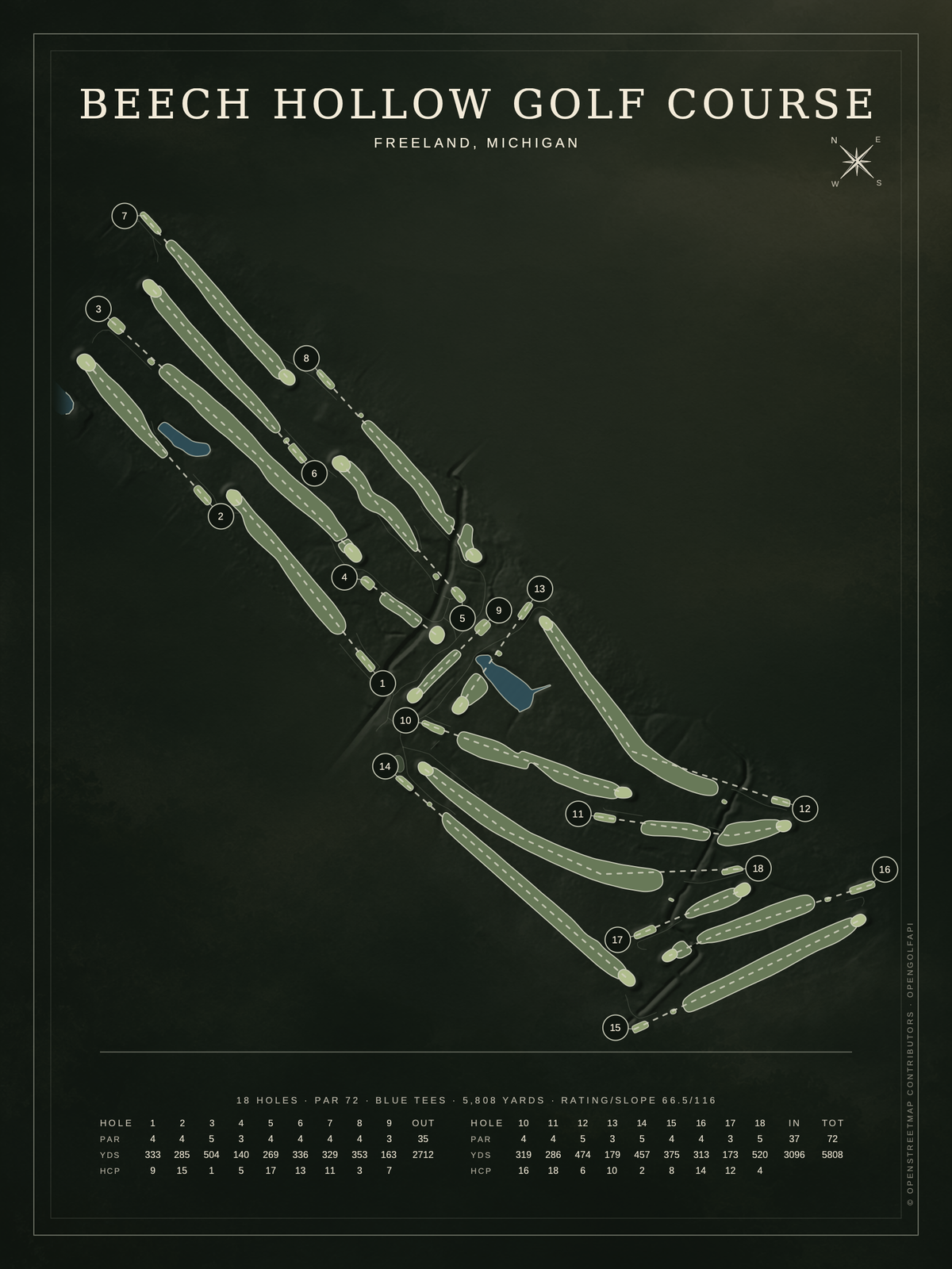 Beech Hollow Golf Course map poster, Architectural style, 12×16 / 18×24