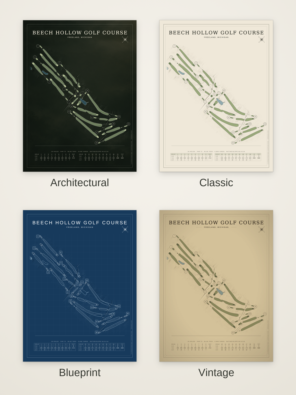 Beech Hollow Golf Course map poster in four styles: Architectural, Classic, Blueprint and Vintage