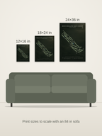 Beech Hollow Golf Course map poster in the Architectural style at 12×16, 18×24 and 24×36 inches, shown to scale on a wall above an 84-inch sofa