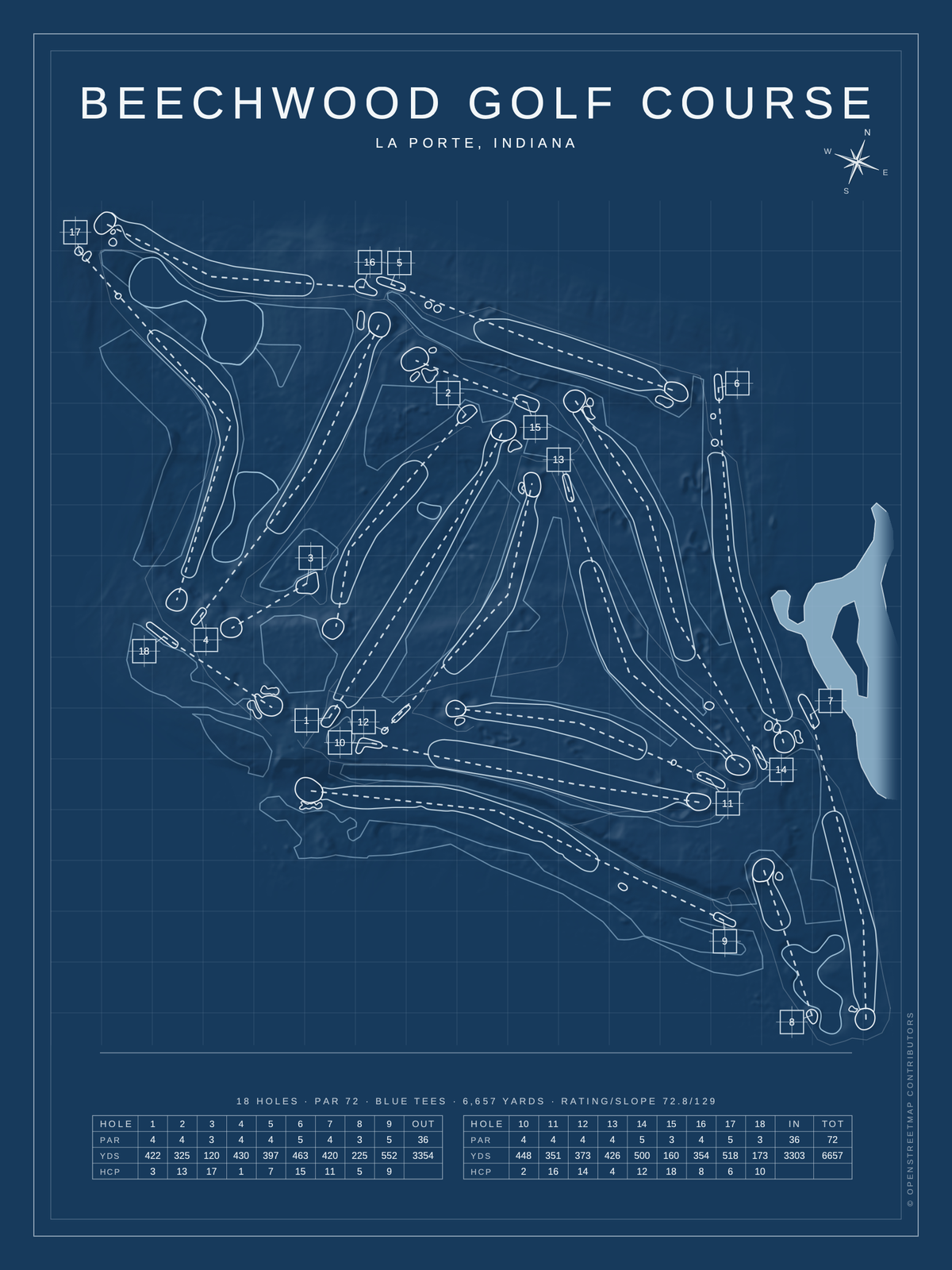 Beechwood Golf Course map poster, Blueprint style, 12×16 / 18×24