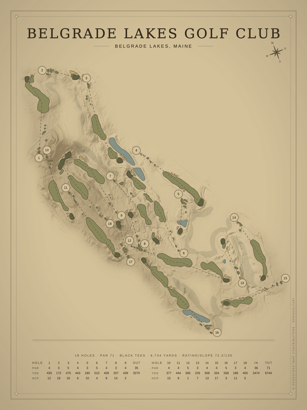 Belgrade Lakes Golf Club course map poster, Vintage style, 12×16 / 18×24