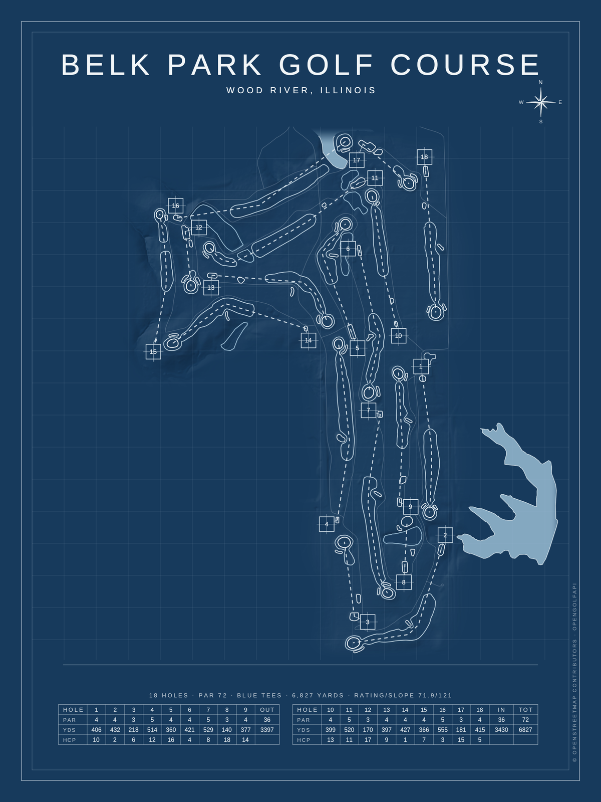 Belk Park Golf Course map poster, Blueprint style, 12×16 / 18×24