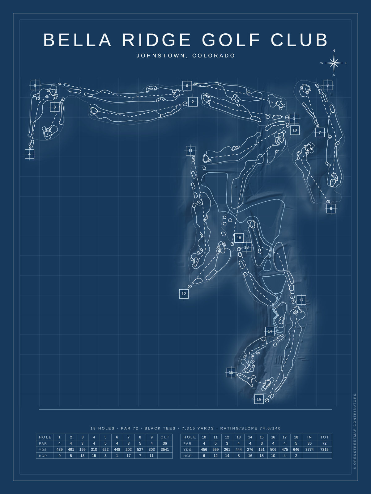 Bella Ridge Golf Club course map poster, Blueprint style, 12×16 / 18×24
