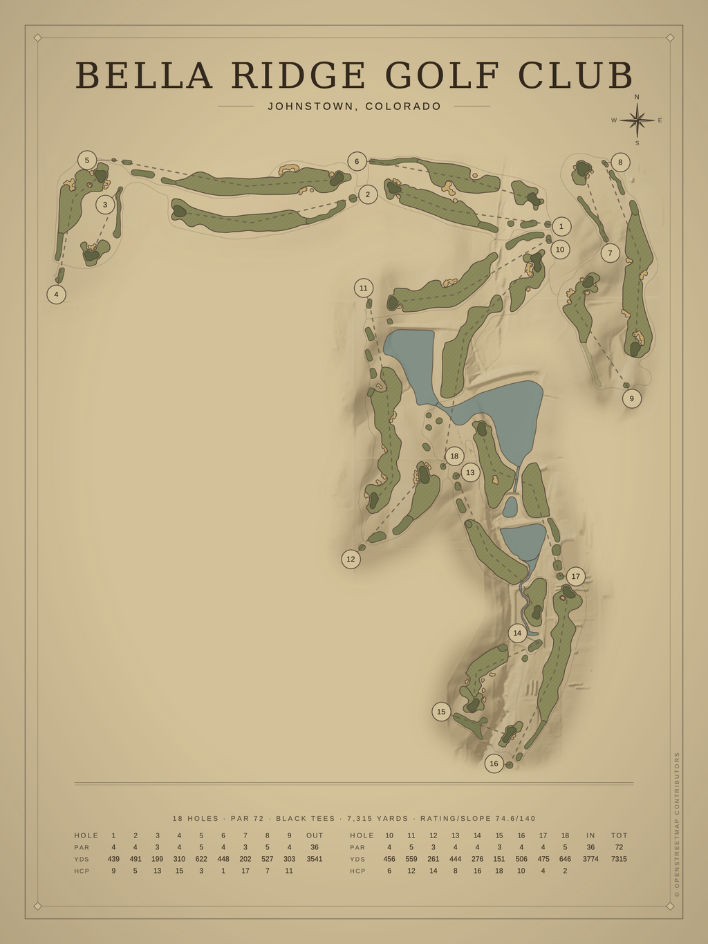 Bella Ridge Golf Club course map poster, Vintage style, 12×16 / 18×24
