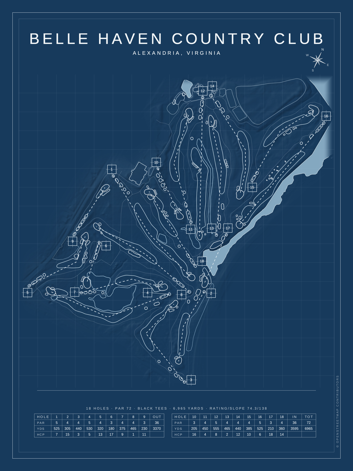 Belle Haven Country Club course map poster, Blueprint style, 12×16 / 18×24