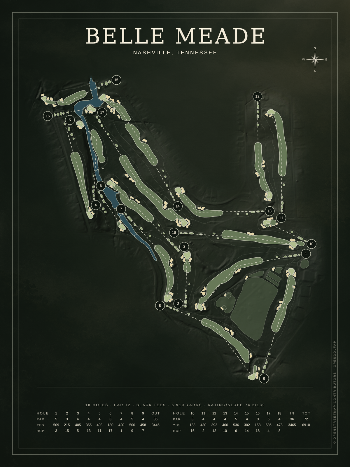 Belle Meade course map poster, Architectural style, 12×16 / 18×24