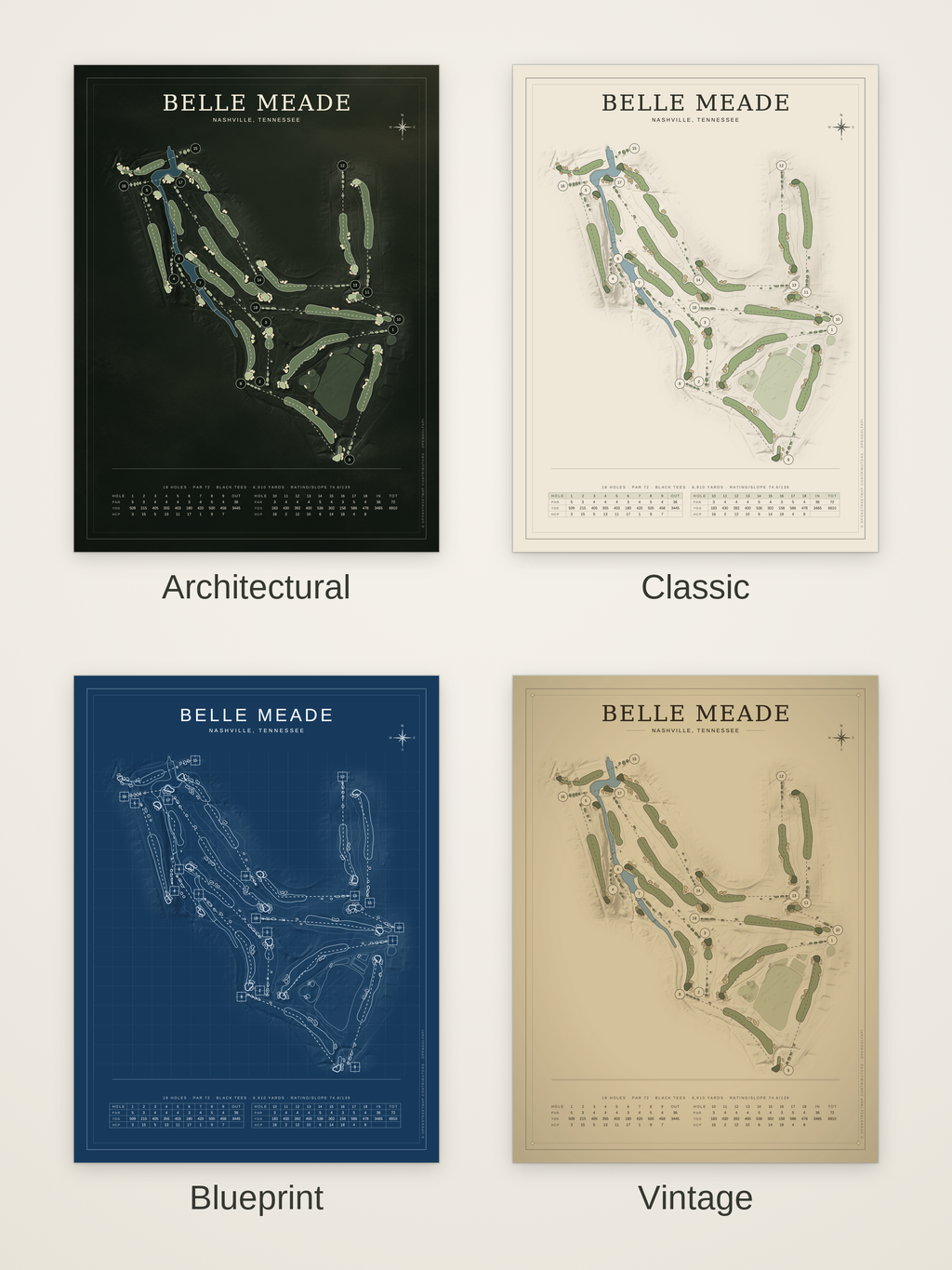 Belle Meade course map poster in four styles: Architectural, Classic, Blueprint and Vintage