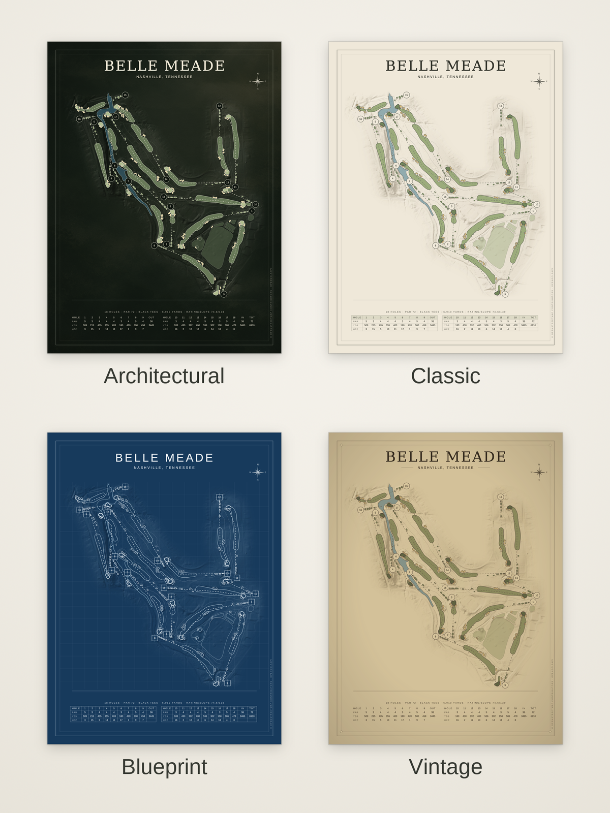 Belle Meade course map poster in four styles: Architectural, Classic, Blueprint and Vintage