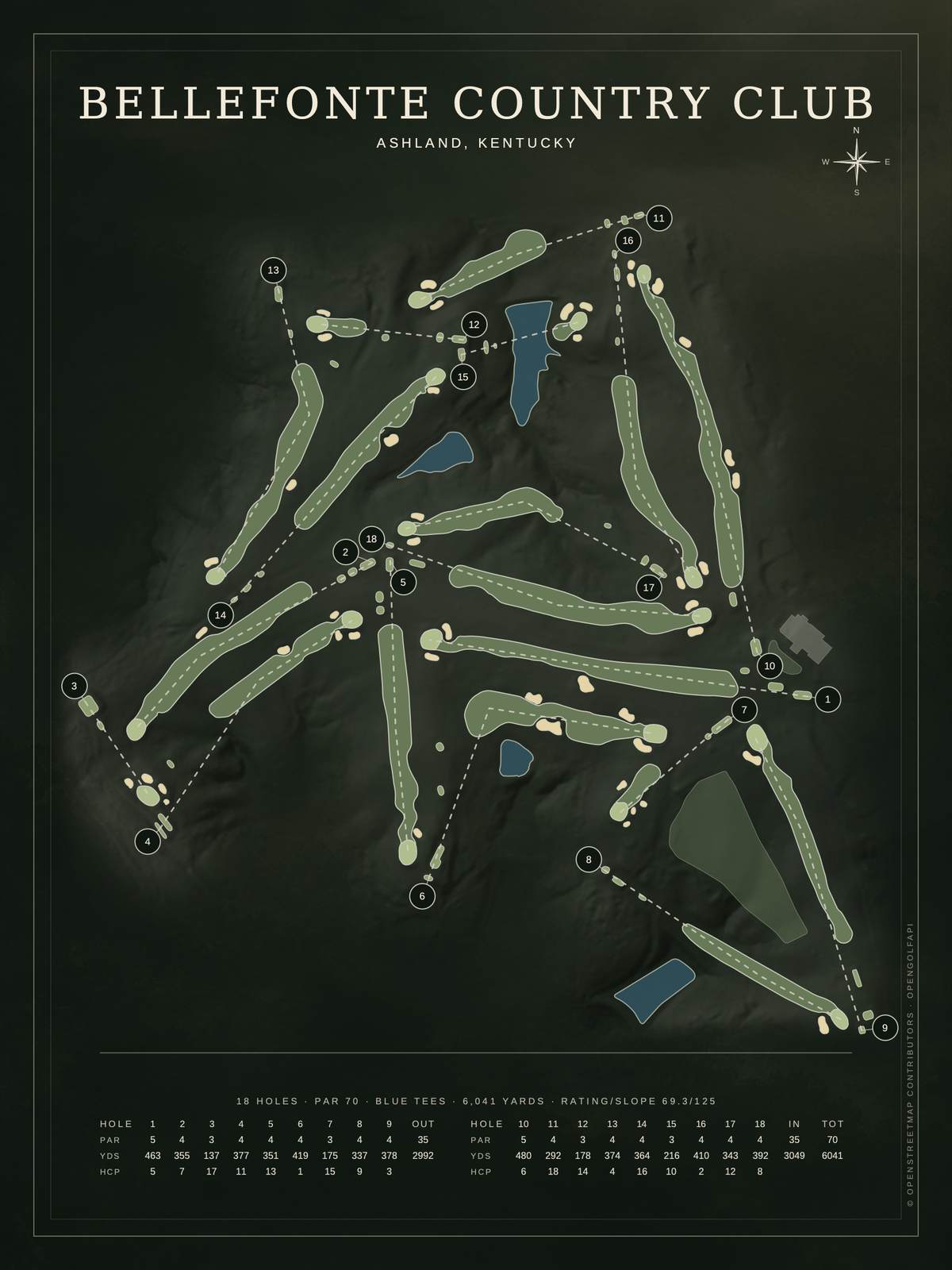 Bellefonte Country Club course map poster, Architectural style, 12×16 / 18×24